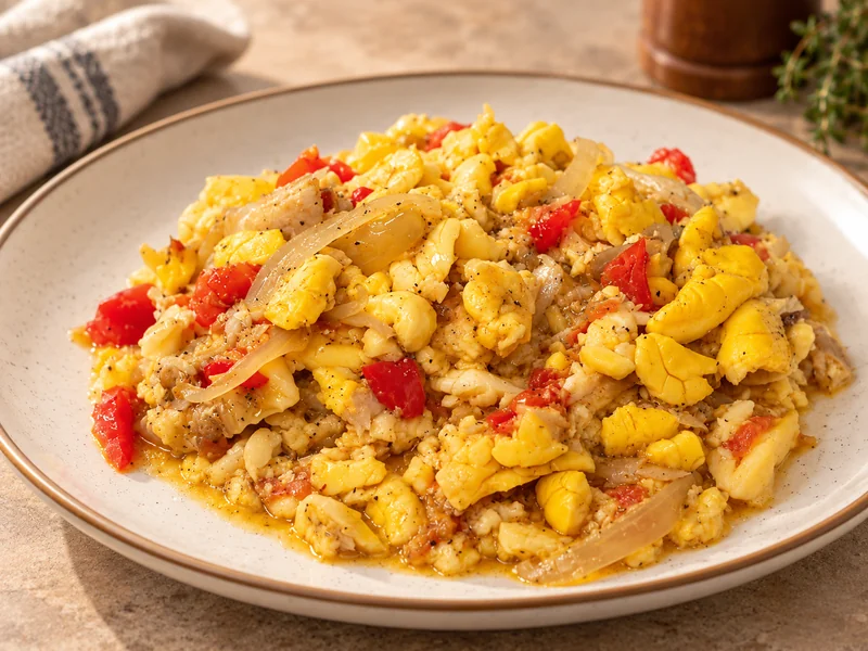 Ackee and saltfish with peppers and onions at J&K Cuisine