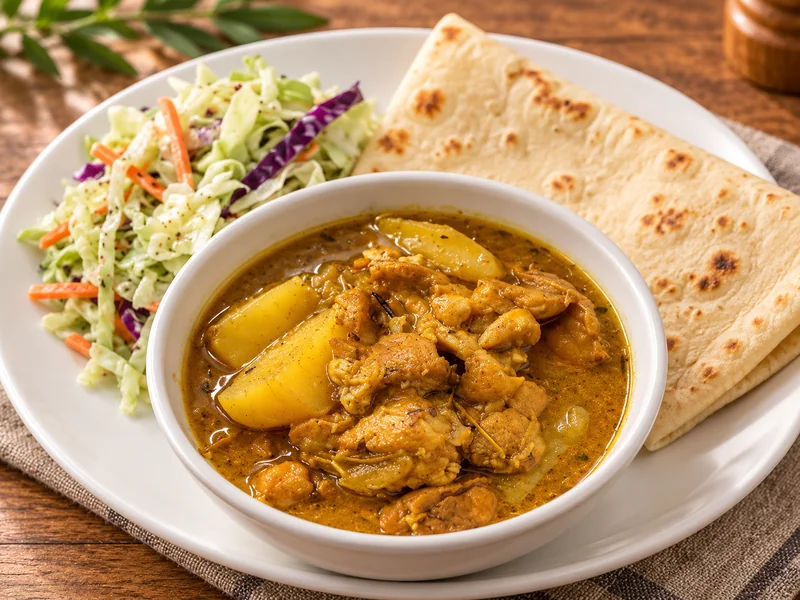Curry goat with roti and coleslaw at J&K Cuisine