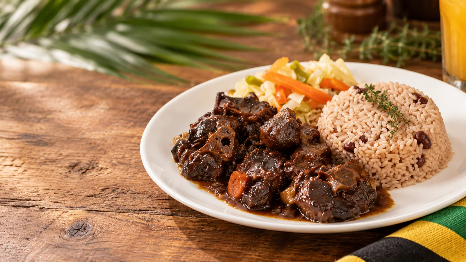 Oxtail with rice and peas and steamed vegetables at J&K Cuisine