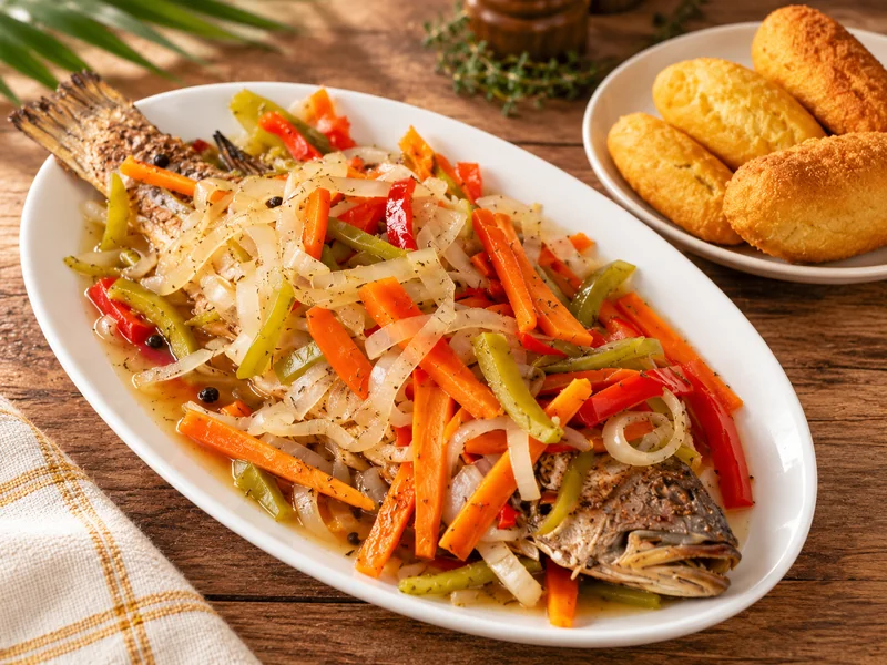 Escovitch fish with vegetables and festival at J&K Cuisine