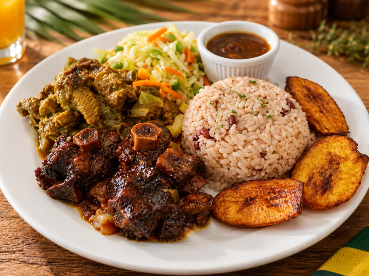 Oxtail with curry goat, rice and peas and fried plantain at J&K Cuisine