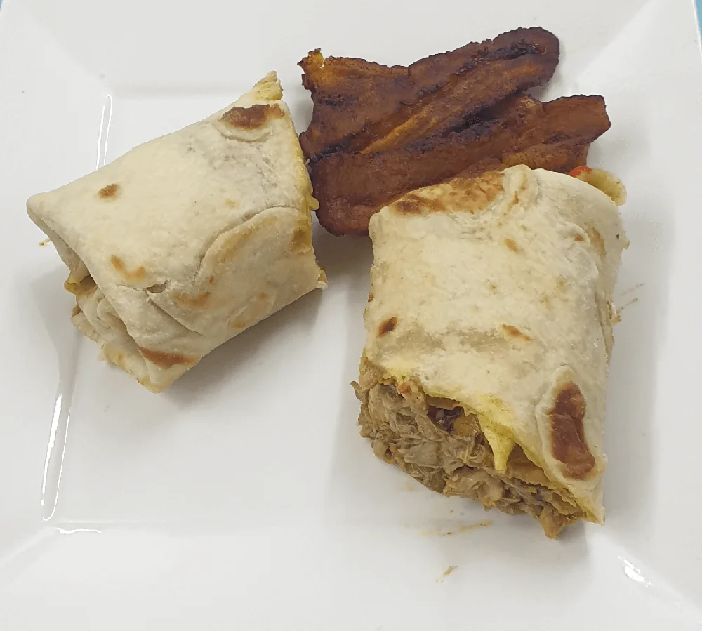 Chicken roti with fried plantain at J&K Cuisine